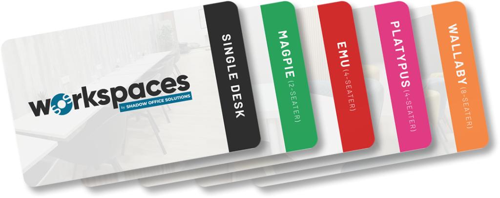 Photo of Workspaces Membership cards - Single Desk, Magpie (for 2 pax), Emu and Platypus (for 4 pax), and Wallaby (for 8 pax)