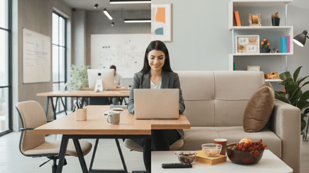 Photo of a woman demonstrating the difference of working at home and working in a coworking space